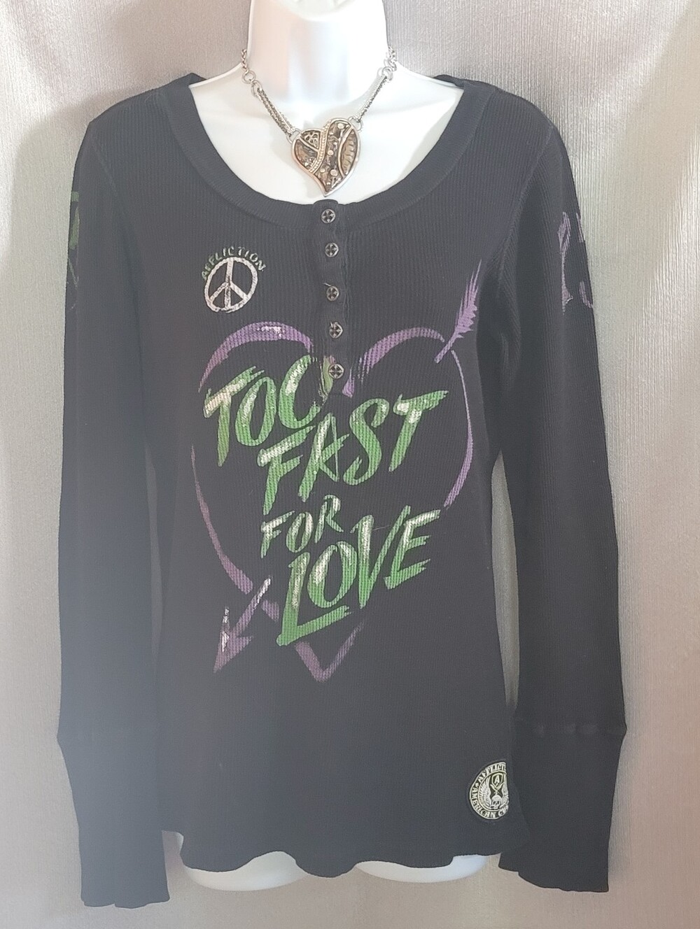 Too Fast For Love Black Graphic Henley Top
